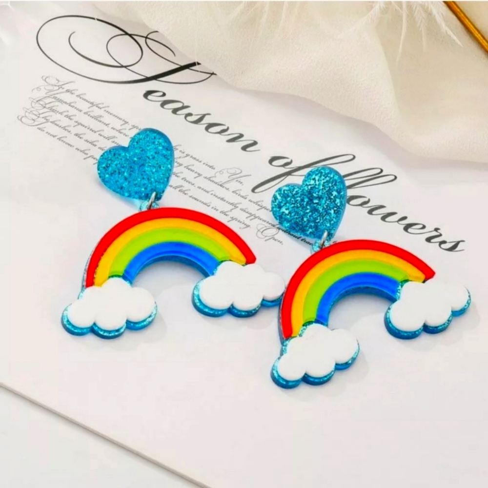 Chunky Rainbow Dangle Earrings pride gay LGBT Kawaii glitter laser cut acrylic